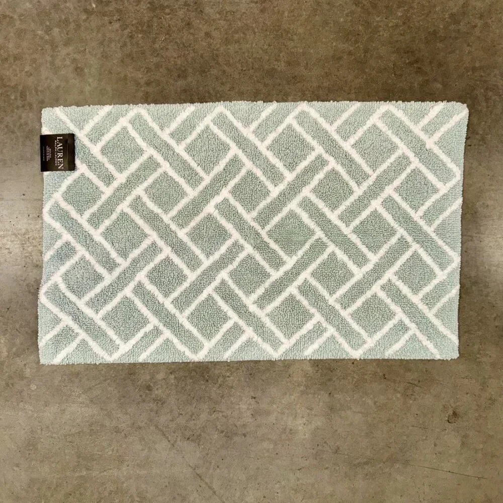 Ralph Lauren 21 x 34 Mint Green White Bath Mat Rug Geometric Striped Cotton